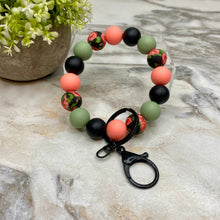 Load image into Gallery viewer, Silicone Bracelet Keychain - Olive Coral Black Roses
