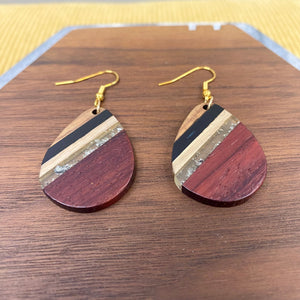 Dangle Earring - Wood & Acrylic - Clear Silver Glitter & Cherry Wood