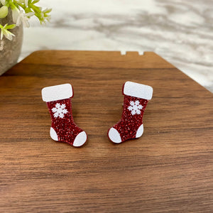 Acrylic Stud Earrings - Christmas - Red Glitter Stocking