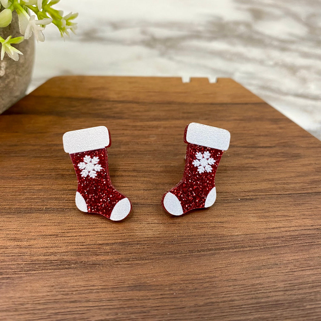 Acrylic Stud Earrings - Christmas - Red Glitter Stocking