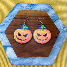 Load image into Gallery viewer, Wooden Dangle Earrings - Pumpkin Face Halloween
