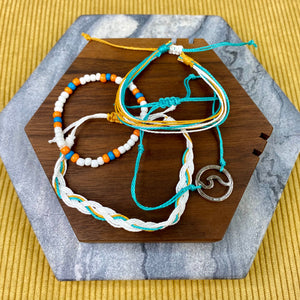 Bracelet Pack - Adjustable String & Bead Blue Turquoise White Wave