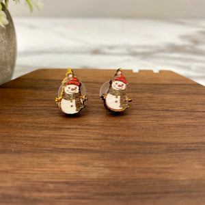 Wooden Stud Earrings - Christmas - Snowman #3