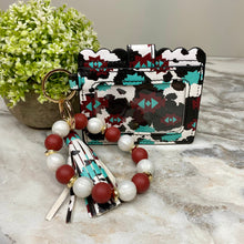 Load image into Gallery viewer, Silicone Bracelet Keychain with Scalloped Card Holder - Cow Aztec
