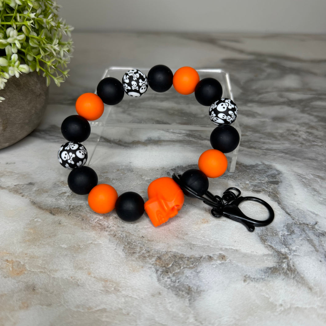 Silicone Bracelet Keychain - Halloween Skull - Orange
