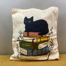 Load image into Gallery viewer, Tote Bag - Cat - Stacked Books
