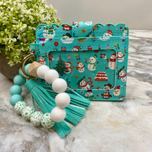 Load image into Gallery viewer, Silicone Bracelet Keychain with Scalloped Card Holder - Christmas - Turquoise Snowman
