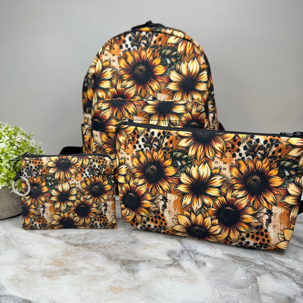 Mini Backpack, Pouch, & Mini Pouch Bundled Set - Sunflower Dots