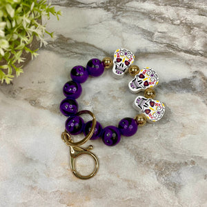 Wood Bracelet Keychain - Halloween - Purple Skull Dracula