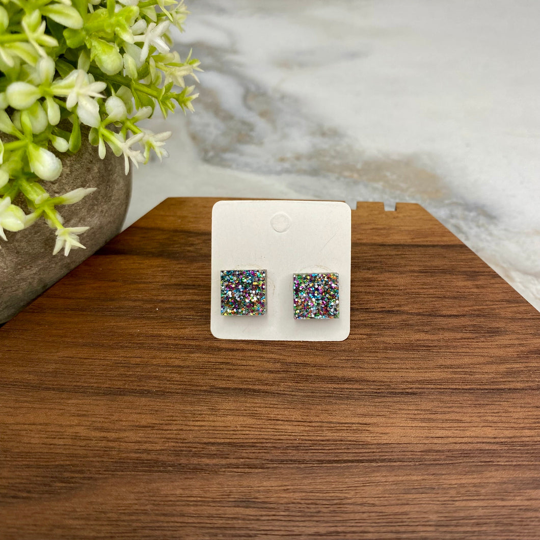 Acrylic Stud Earrings - Square Silver Glitter