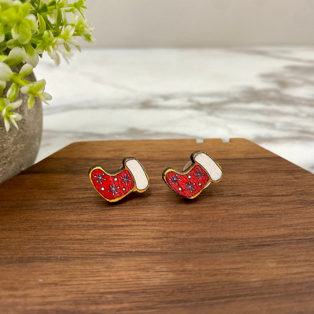 Wooden Stud Earrings - Christmas - Stocking #2