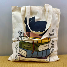 Load image into Gallery viewer, Tote Bag - Cat - Stacked Books
