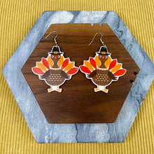 Load image into Gallery viewer, Wooden Dangle Earrings - Fall - Turkey with Hat
