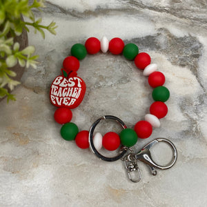 Silicone Bracelet Keychain - Teacher - Best Ever Apple Red Green White