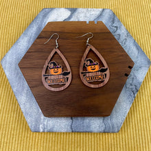 Load image into Gallery viewer, Wooden Teardrop Cutout Earrings - Halloween - Welcome Witch Pumpkin Broom
