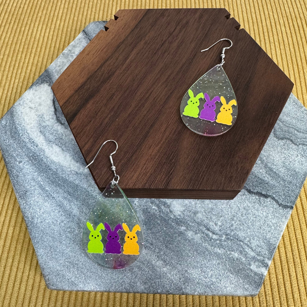 Acrylic Dangle Teardrop Earrings - Trio Bunny Green Purple Orange