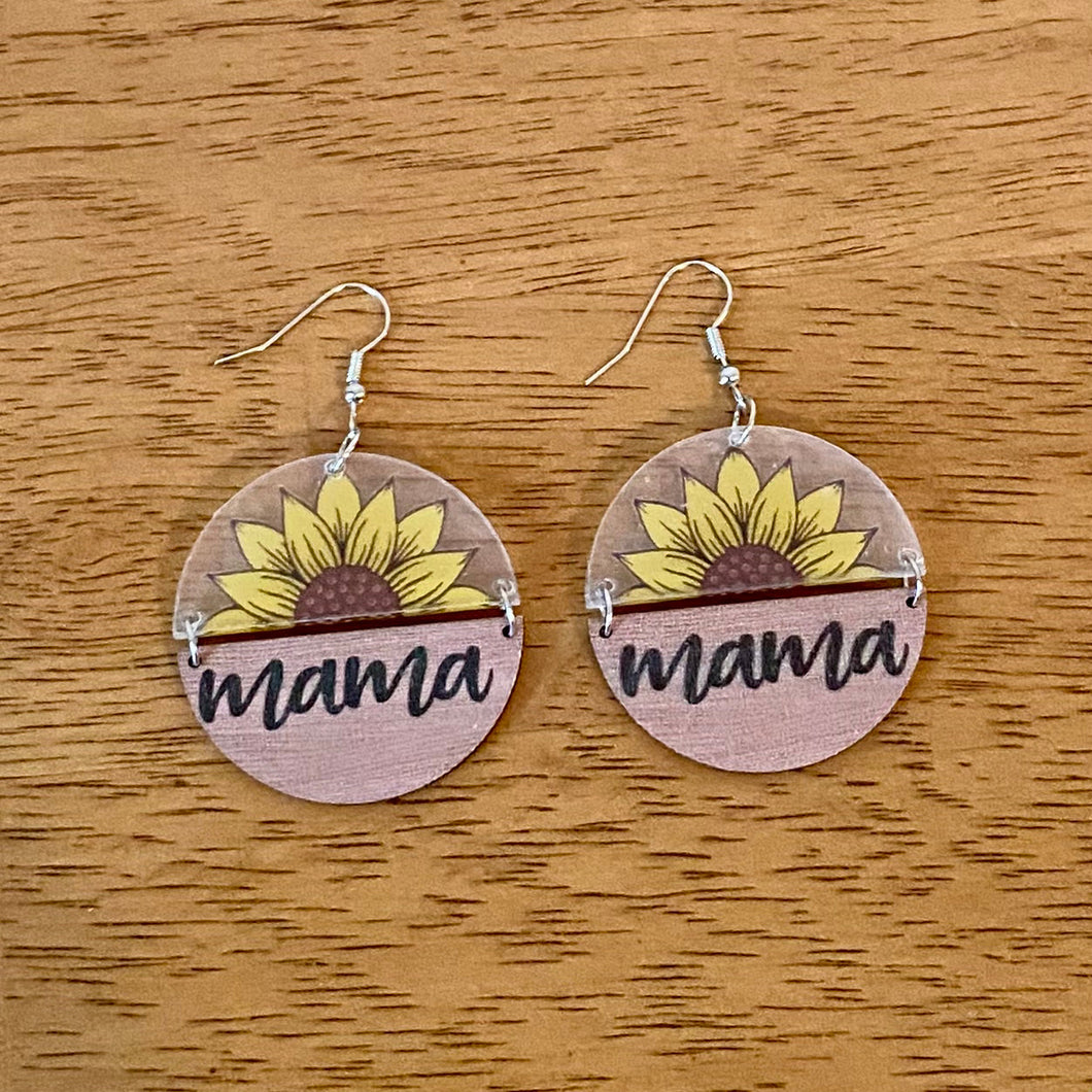 Wood & Acrylic Earrings - Half & Half - Mama, Centered Sunflower
