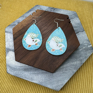Faux Leather Earrings - Holiday Christmas Blue Skate Gnome
