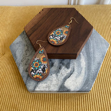 Load image into Gallery viewer, Wooden Teardrop Cutout Earrings - Turquoise Sunflower
