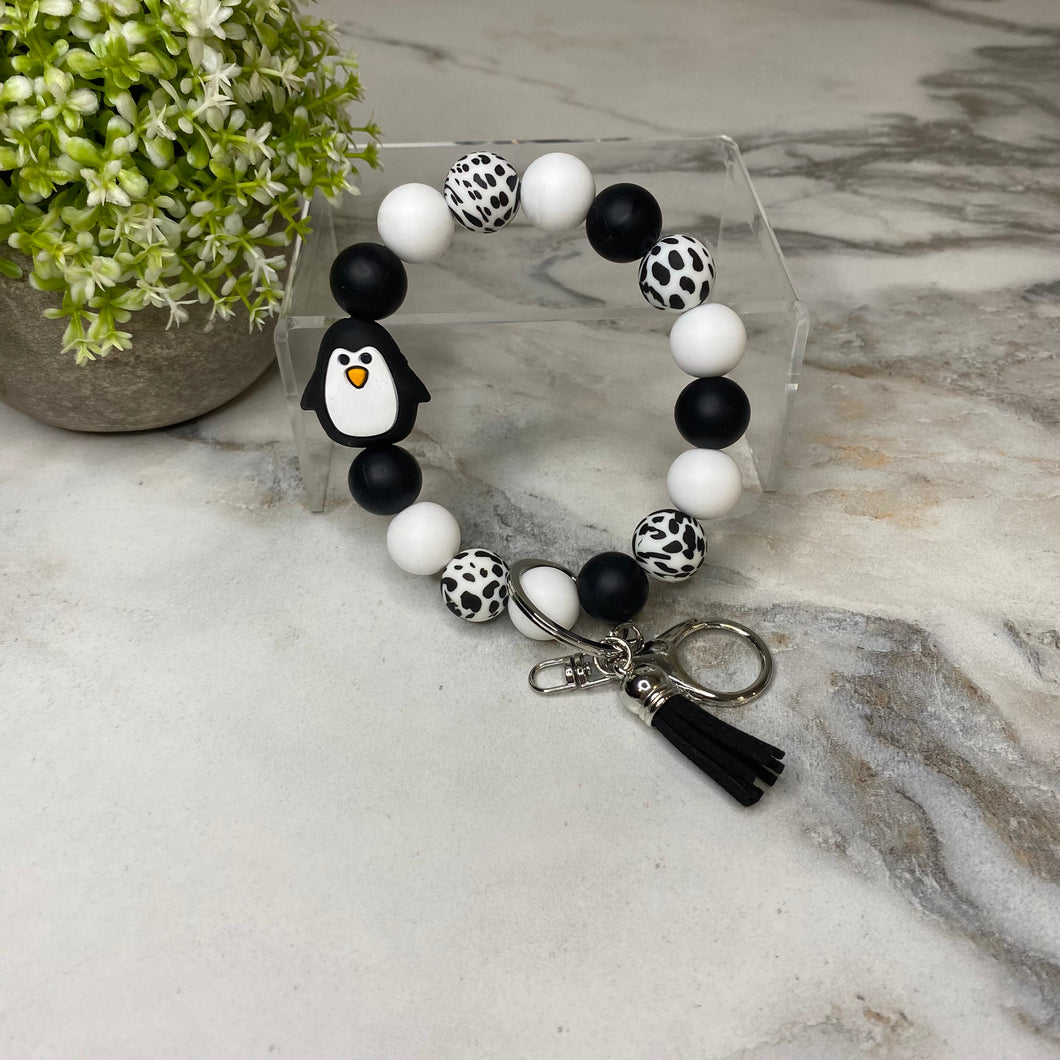 Silicone Bracelet Keychain - Penguin Black & White