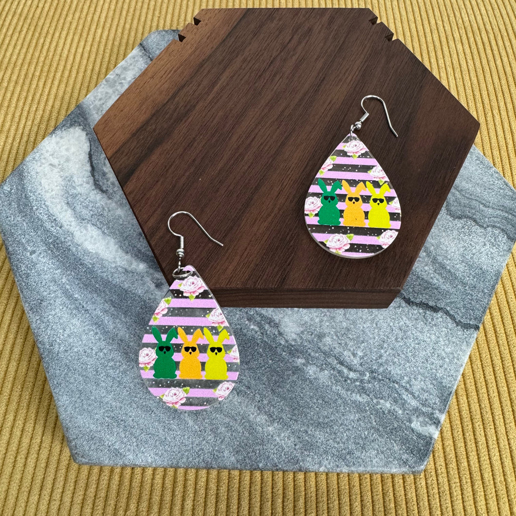 Acrylic Dangle Teardrop Earrings - Trio Bunny Floral Stripe