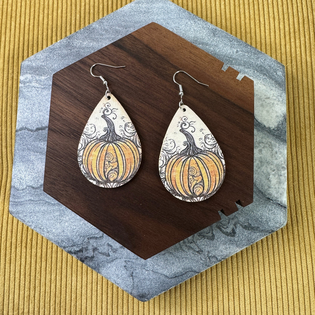 Wooden Teardrop Earrings -  Pumpkin Swirl