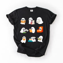 Load image into Gallery viewer, Reading Ghosts Halloween Library Books Scene Artwork Print Collection Comfort Colors Tee
