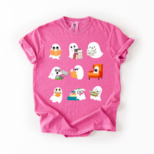 Load image into Gallery viewer, Reading Ghosts Halloween Library Books Scene Artwork Print Collection Comfort Colors Tee
