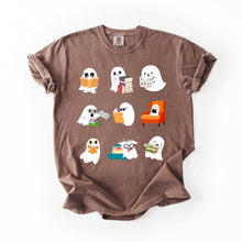 Load image into Gallery viewer, Reading Ghosts Halloween Library Books Scene Artwork Print Collection Comfort Colors Tee

