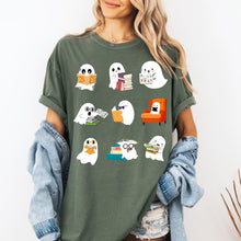 Load image into Gallery viewer, Reading Ghosts Halloween Library Books Scene Artwork Print Collection Comfort Colors Tee
