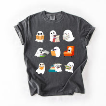 Load image into Gallery viewer, Reading Ghosts Halloween Library Books Scene Artwork Print Collection Comfort Colors Tee
