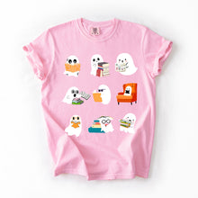 Load image into Gallery viewer, Reading Ghosts Halloween Library Books Scene Artwork Print Collection Comfort Colors Tee

