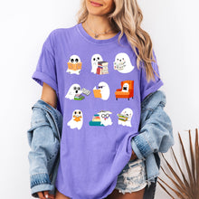 Load image into Gallery viewer, Reading Ghosts Halloween Library Books Scene Artwork Print Collection Comfort Colors Tee
