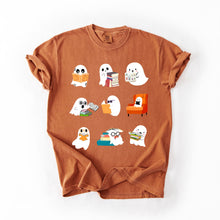 Load image into Gallery viewer, Reading Ghosts Halloween Library Books Scene Artwork Print Collection Comfort Colors Tee
