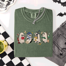 Load image into Gallery viewer, Reading Ghosts, Witches, Wizards Halloween Night Book Lovers Illustration Comfort Colors Tee
