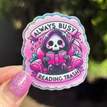 Load image into Gallery viewer, Always Busy Reading Trash Spooky Glitter Sticker
