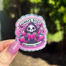 Load image into Gallery viewer, Always Busy Reading Trash Spooky Glitter Sticker
