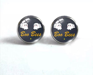 Glass Dome Round Stud Earrings - Boo Bees - Halloween