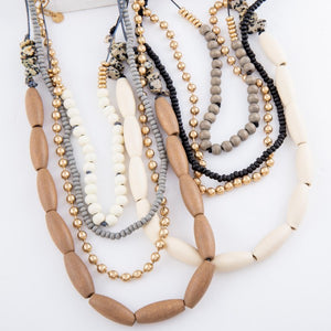 Wood Beaded Layered Statement Necklace