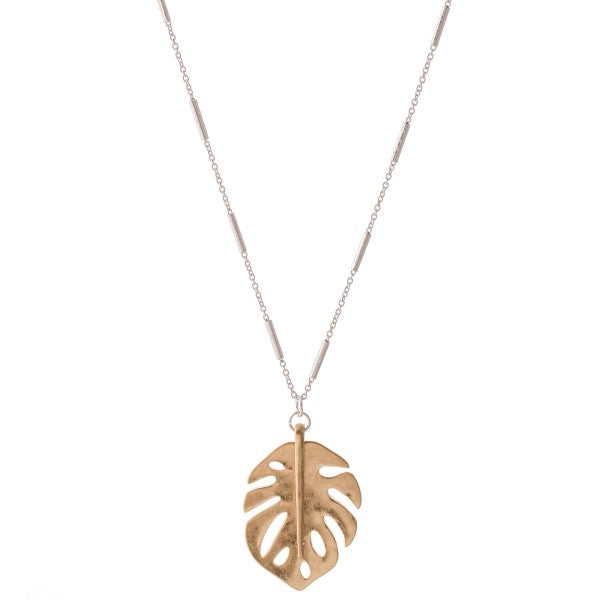 Two Tone Metal Palm Leaf Pendant Necklace