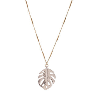 Two Tone Metal Palm Leaf Pendant Necklace
