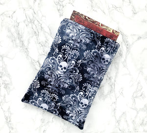 skull damask - padded book sleeve, book pouch, kindle sleeve