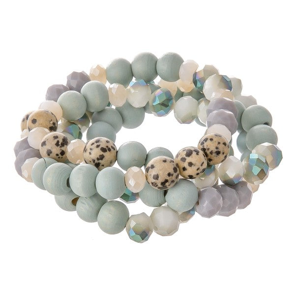 Beaded Stackable Stretch Bracelet Set with Natural Stone Details