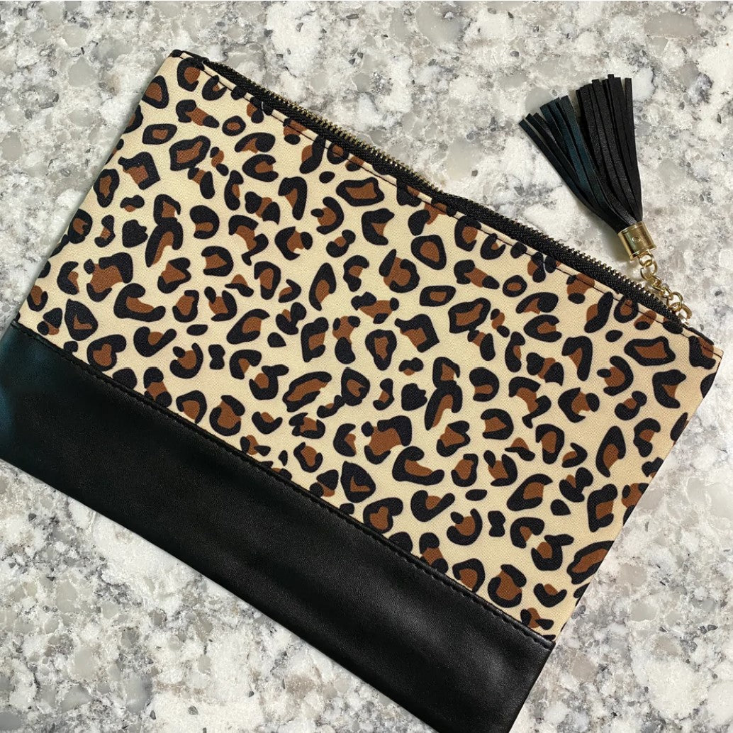 Oversized Faux Leather & Canvas Clutch