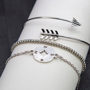 Silver Compass Arrow 3-Piece Bracelet Set